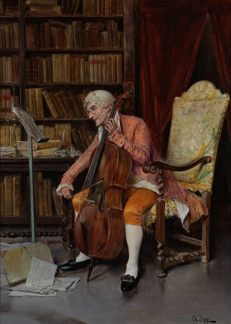 Cellist ohne Cellobrett – allerdings auch ohne Teppich. Aber sehr wohl mit der Gefahr, auf dem glatten Boden wegzurutschen. Und außerdem auf einem Sessel mit Armlehnen... Antonio Zoppi (1860-1926)
