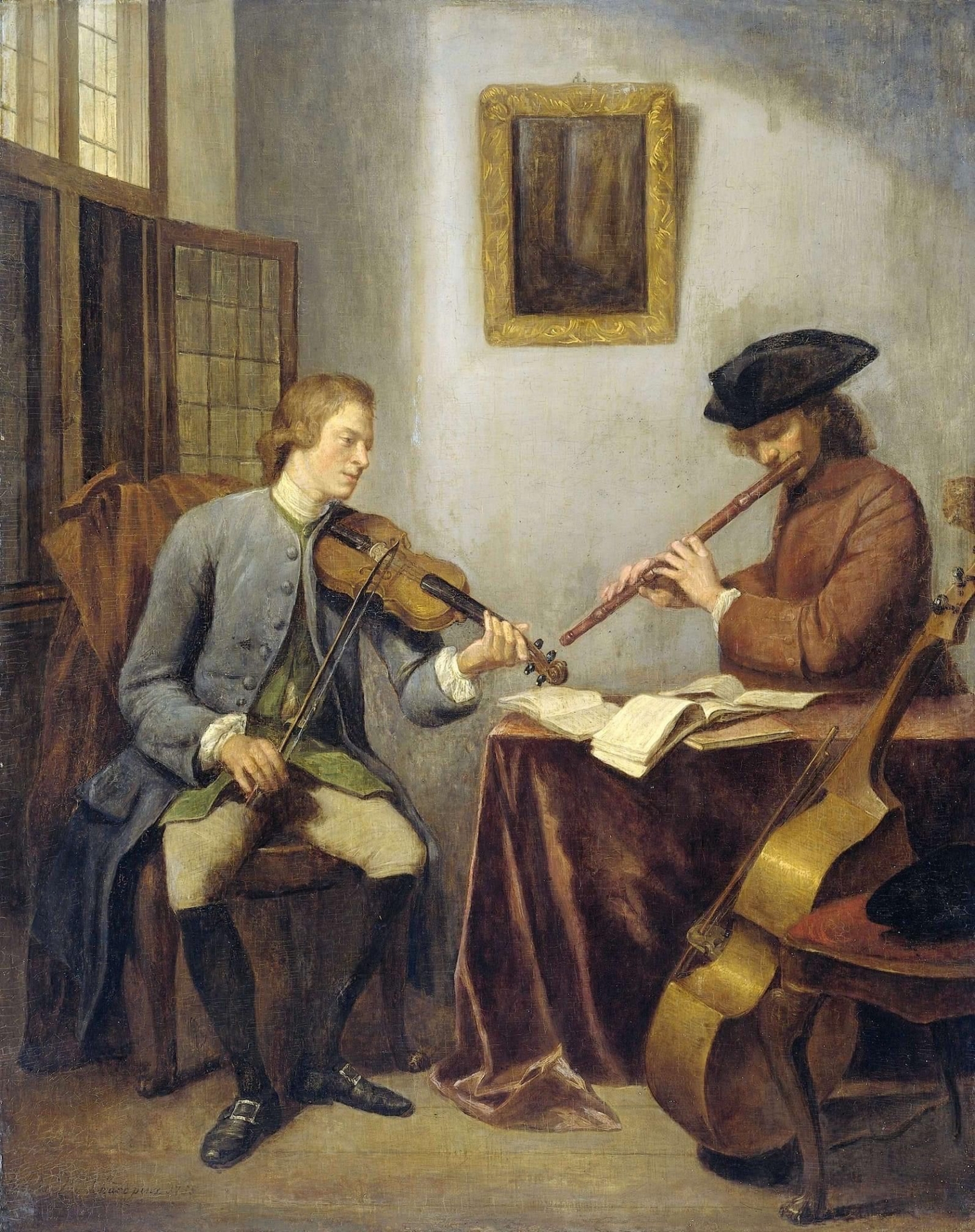 Ein Duett: Geiger und Querflötist, sitzen so zueinander, dass ihre Instrumente aufeinander zeigen ... Mahler: Julius Henry Quinkhard, Amsterdam (1734-1795)