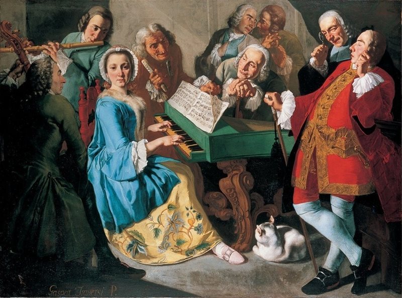 "La lezione di musica" – ein Klaviertrio mit Katze, umringt von sehr neugierigen Zuhörern: Gaspare Traversi (1722-1770)