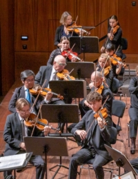 Die Geigen des Orchester. Sie spielen immer zu zweit aus einem Pult.