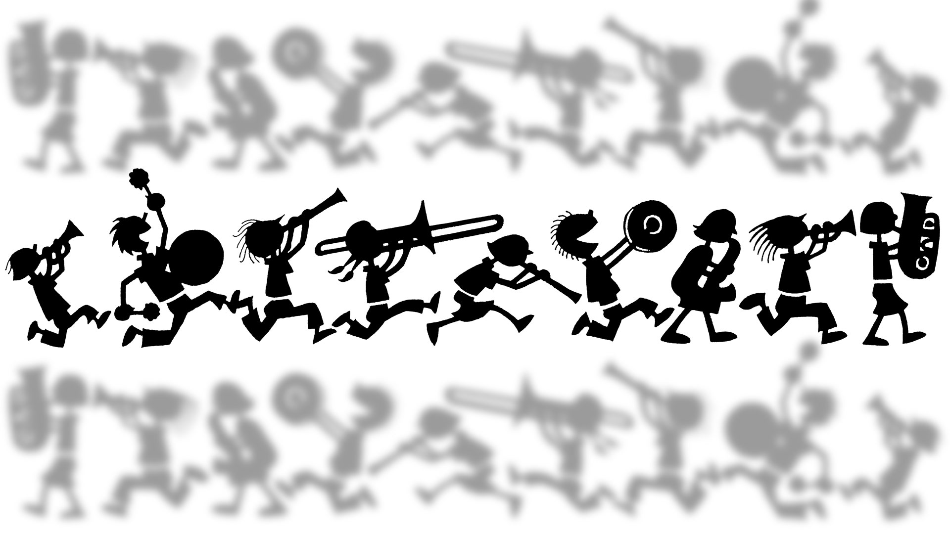 Silhouetten von freudig nach rechts stürmenden musizierenden Kindern